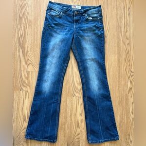 LEI Sophia Hipster Flare Size 11 Long Y2K Low Rise Flared Jeans Embroidered Back